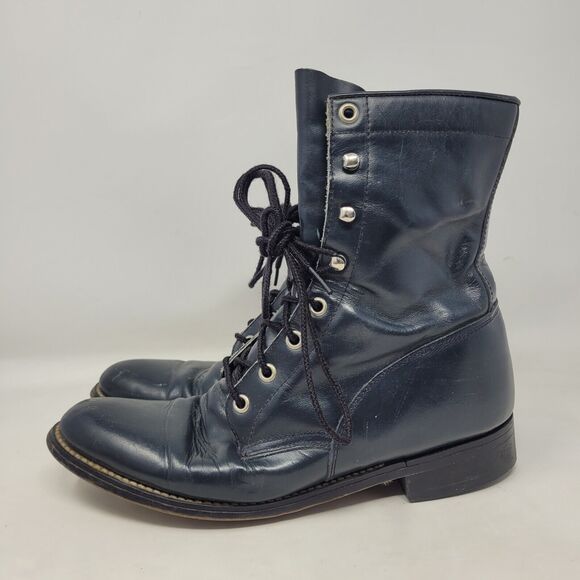 Vintage Justin Boots Womens 8B Blue Leather Kiddle Ankle Lace Up Western Ranch - Picture 6 of 10